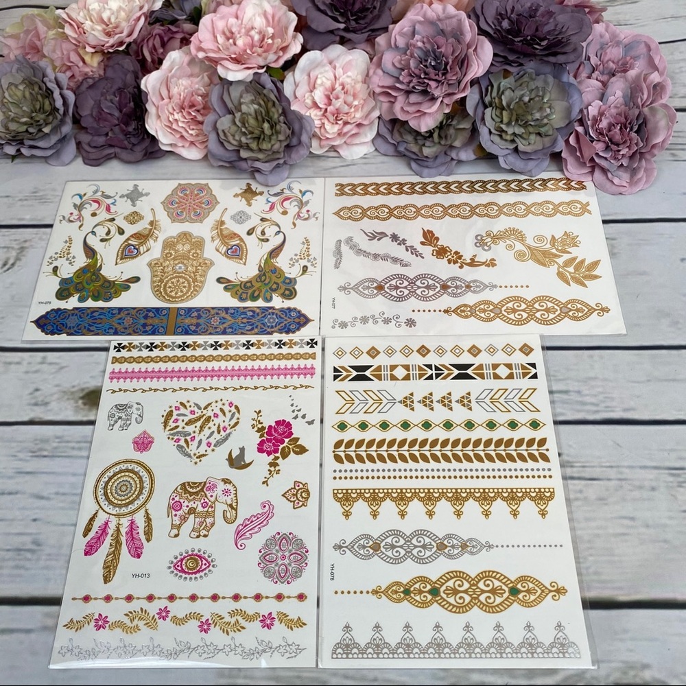 4 Sheets Boho Festival Temporary Metallic Flash Tattoos - Picture 2 of 16